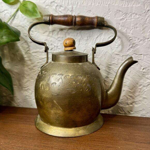 Vintage Other - Antique Brass Tea Pot Kettle Original Old Hand Crafted Etched Wood Handle